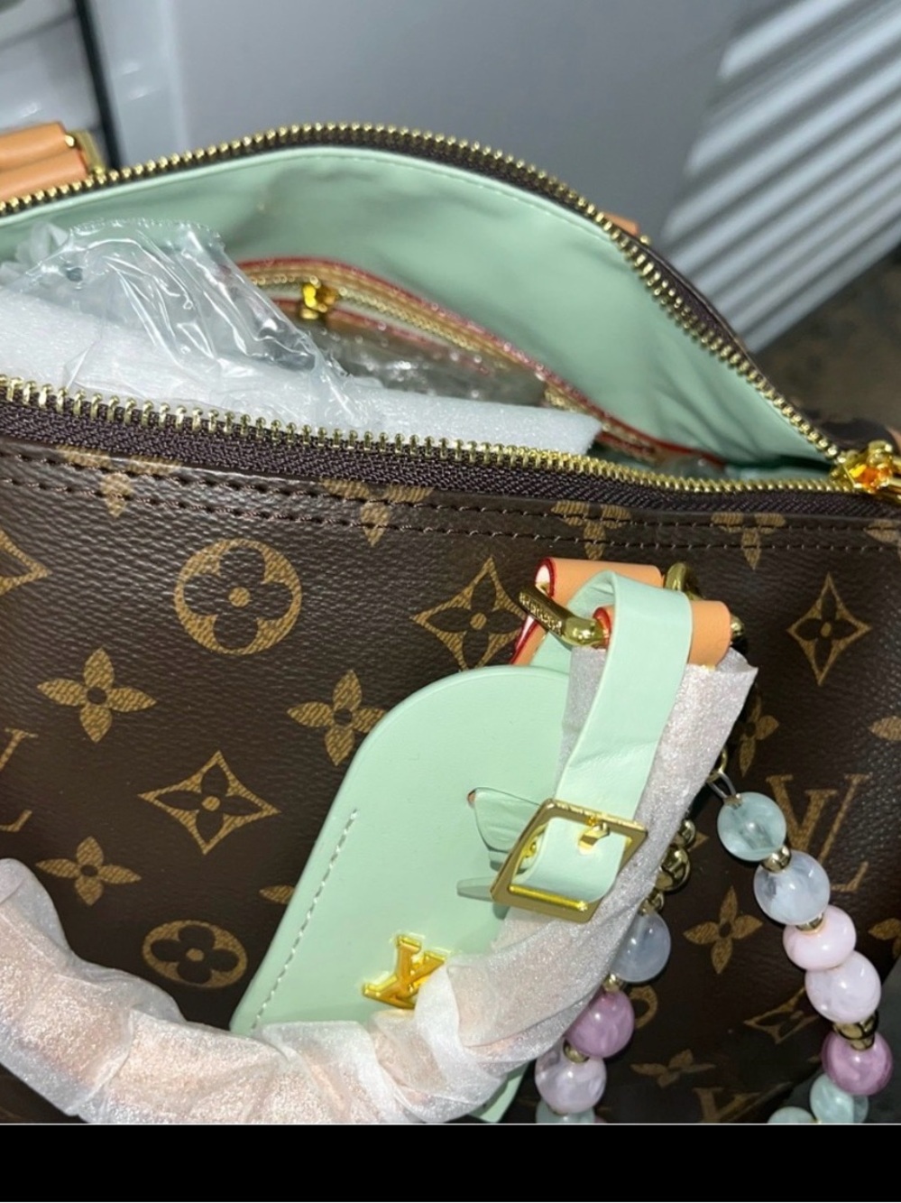 Source Unknown Brown Monogram Satchel with Mint Luggage Tag and Beaded Charm - Picture 2 of 3
